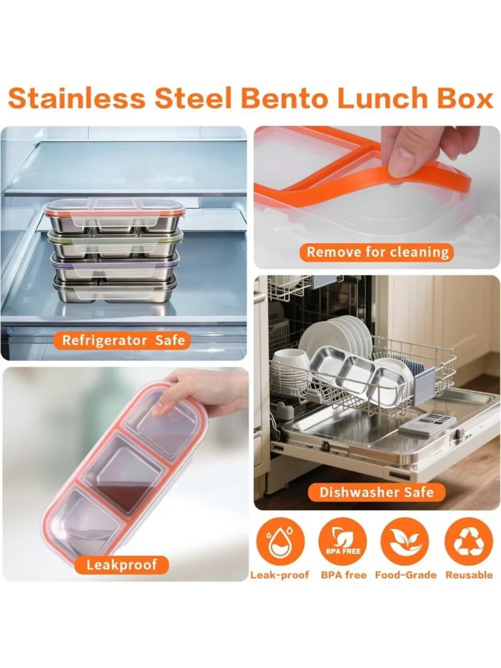 4 Pack Stainless Steel Snack Containers with Lids - 3 Compartment Food Storage